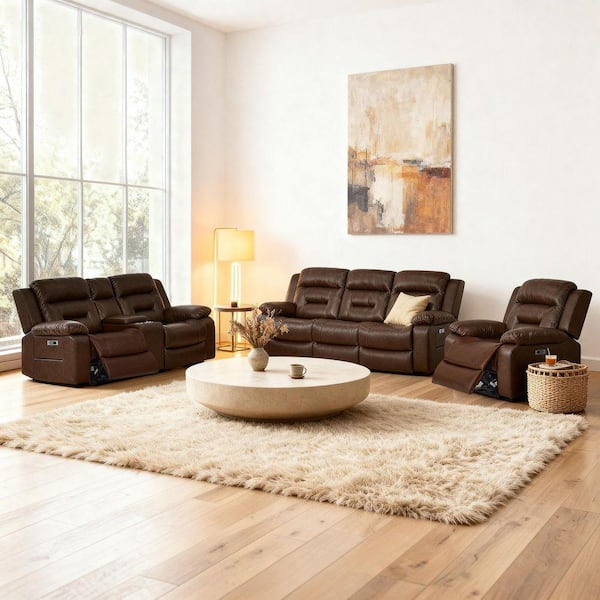 195.5 in Modular Design Power Recliner Faux Leather Sofa Set with USBandUSB-C Charging in Dark Brown