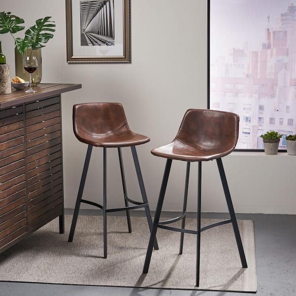 Hausfame 38 in. Brown Low Back Metal Frame Swivel Bar Stool with Round  Leather Seat (Set of 2) HUSF-SBS1006BN-30 - The Home Depot