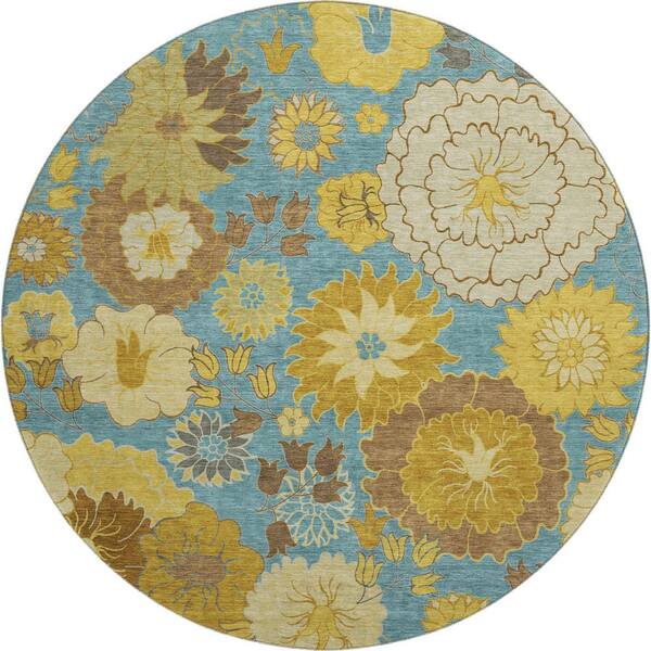 Mayfield Premium Machine Washable Abstract AMF2294 Aqua 8 ft. x 8 ft. Round Rug