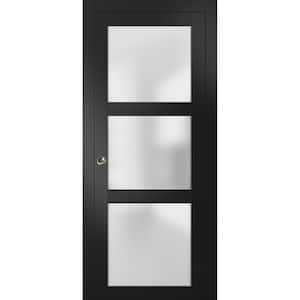 18 in. x 80 in. 3-Panel Black Finished Pine Wood Sliding Door with Pocket Hardware