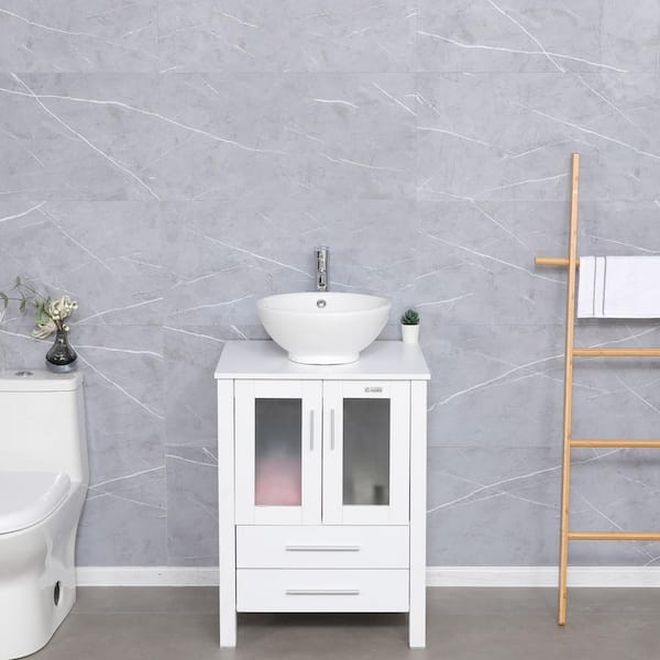 eclife 24 in. W x 20 in. D x 32 in. H Single Sink Bath Vanity in White with White Ceramic Vessel Sink Top Chrome Faucet