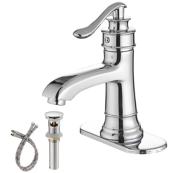 FLG Single Handle Single Hole Brass Bathroom Faucet with Pop-Up Drain Assembly Kit and Deckplate Included in Polished Chrome