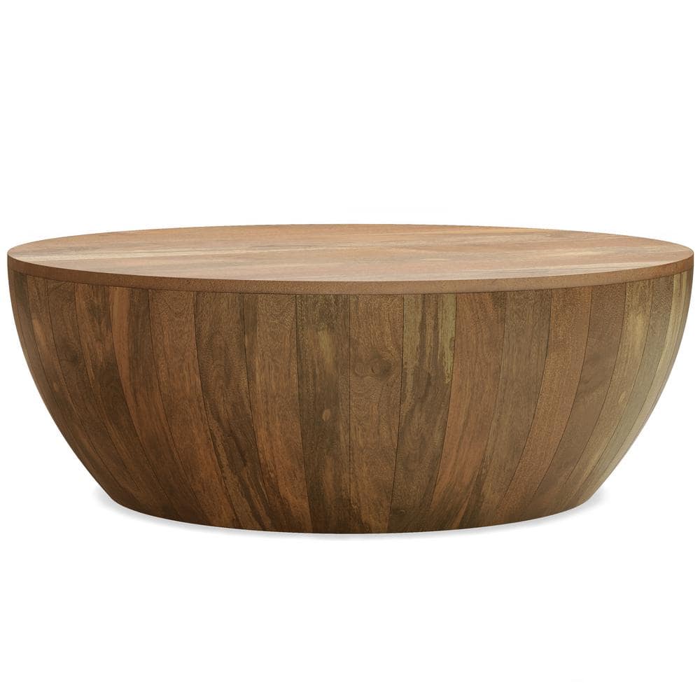 Elmbrook Solid Mango Wood 34 in. Wide Round Modern Industrial Drum Coffee Table in Natural, Fully Assembled