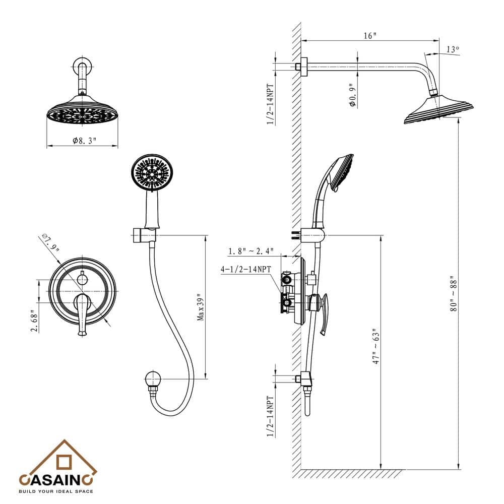 Brushed Nickel Wall Mounted Multi-Head Rain Shower System