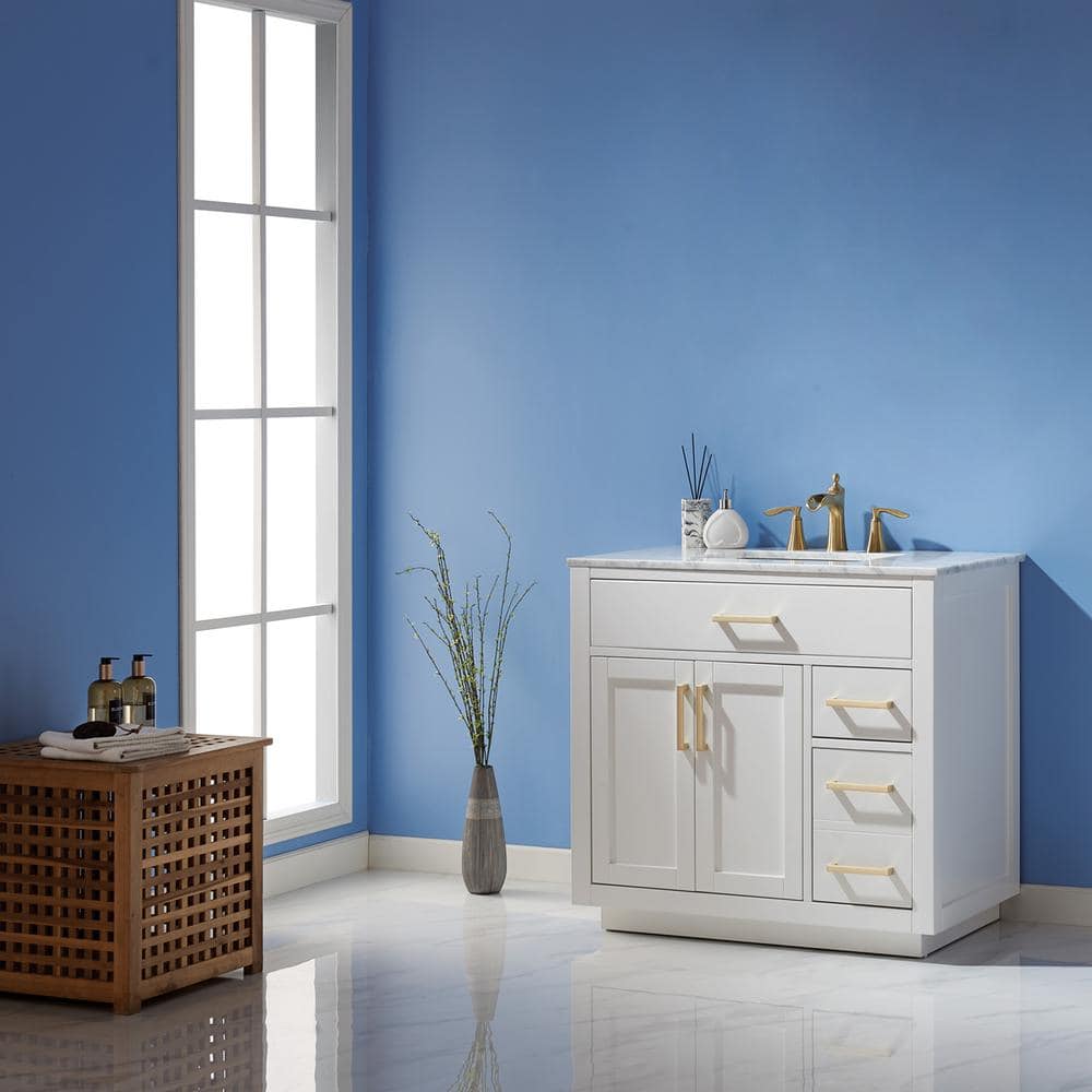 Ivy 36" White Marble Countertop Single Vanity with Gold Hardware
