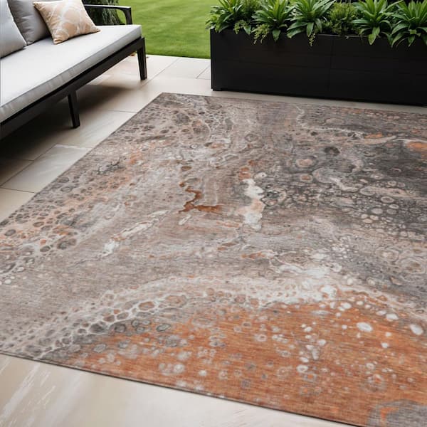 Terra Cotta, Copper, Gray 5 ft. x 8 ft.  Woven Abstract Polyester Rectangle Indoor / Outdoor Area Rug