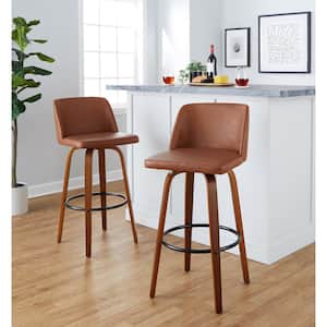 Toriano 29.5 in. Camel Faux Leather, Walnut Wood and Black Metal Fixed-Height Bar Stool (Set of 2)