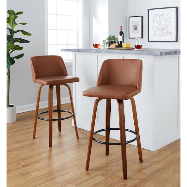 Lumisource Toriano 29.5 in. Camel Faux Leather, Walnut Wood and Black Metal Fixed-Height Bar Stool (Set of 2)