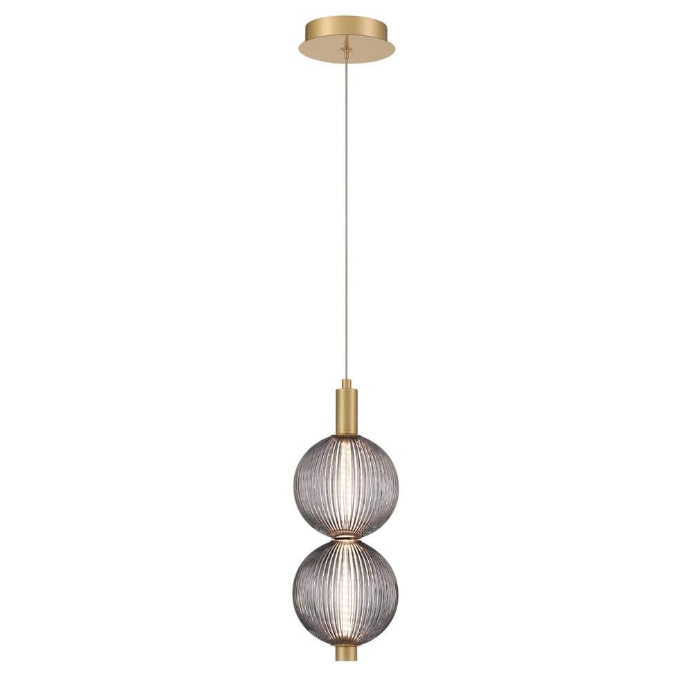 Gold and Smoke Ribbed Glass 2-Light LED Pendant
