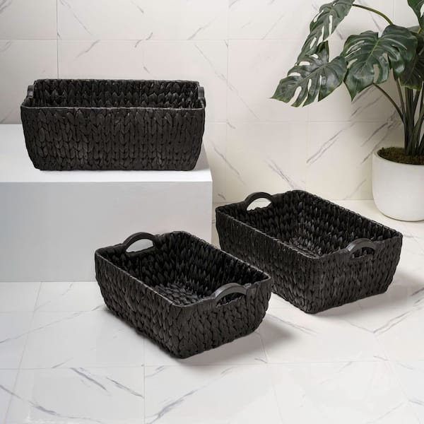 Astor Black 21.26 in. x 8.46 in. Water Hyacinth Wicker Nesting Storage Decorative Basket, Black (Set of 3)