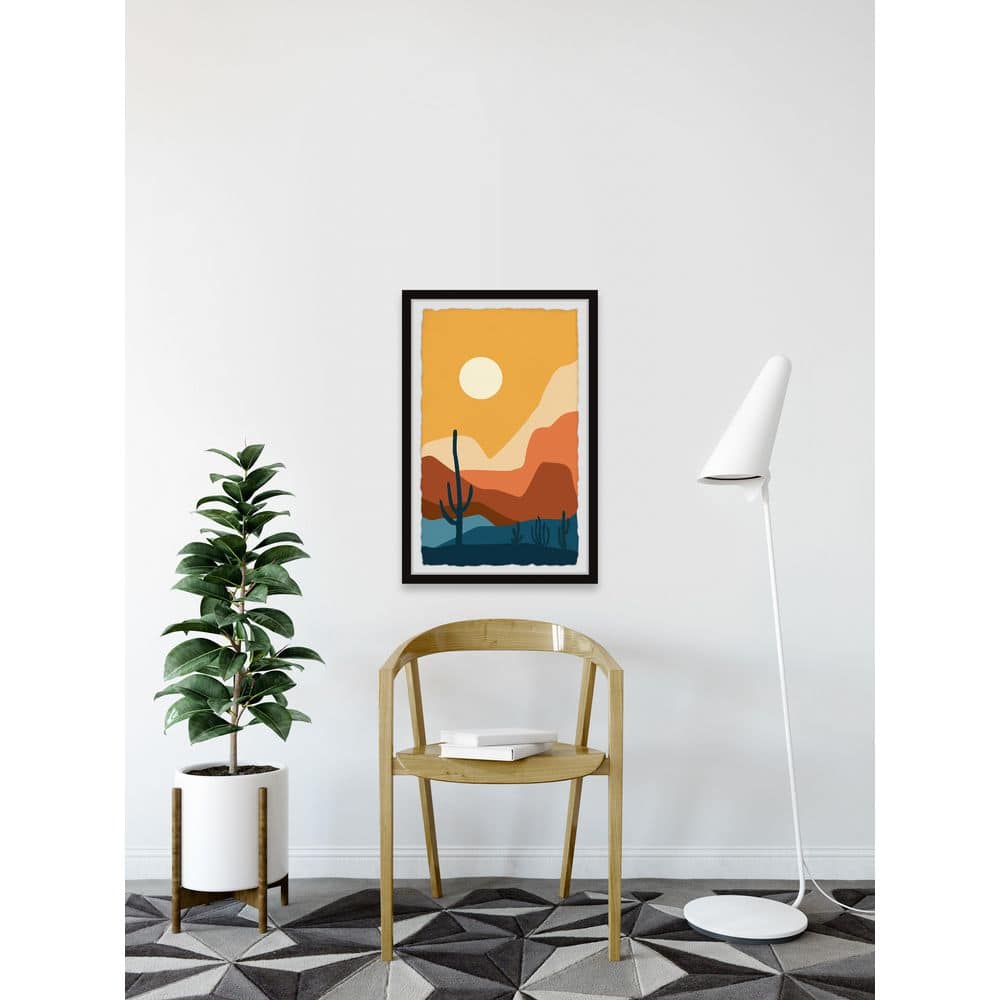 Desert Landscape Print with Cacti and Sun in Black Frame