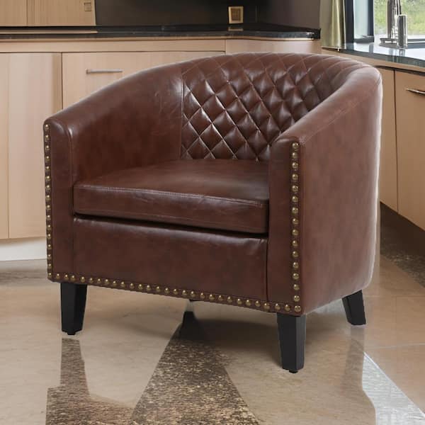 Benjara Brown Leather Arm Chair with Nailhead Trim and Diamond Stitch