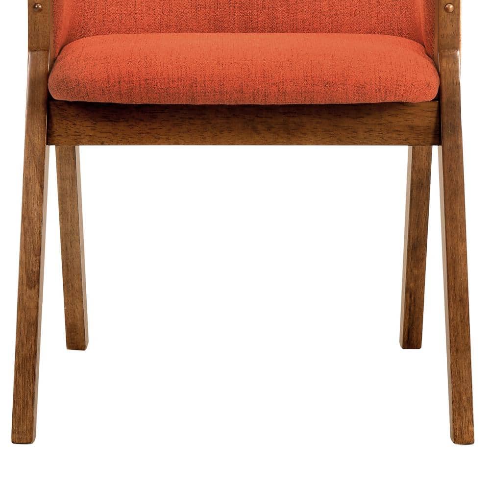 Set of 2 Orange Fabric and Walnut Wood Dining Chairs