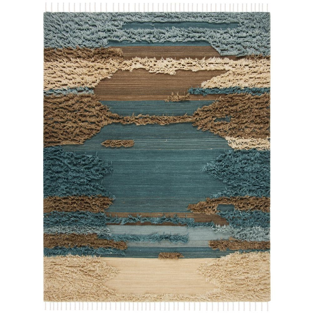 Hand-Knotted Blue and Beige Wool 8' x 10' Rug