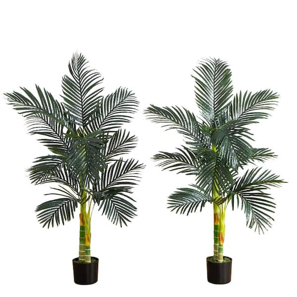 Nearly Natural 5 ft. Artificial Double Stalk Golden Cane Palm Tree in Pot, (Set of 2)