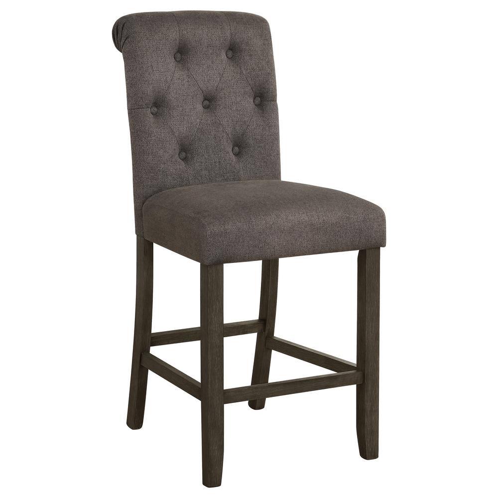 Gray Tufted Back Counter Height Stools with Rustic Brown Wood Frame, Set of 2