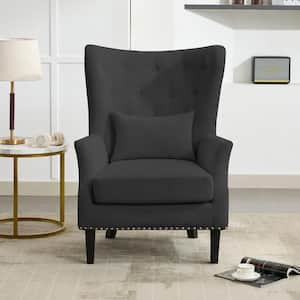 Modern Rubberwood Leg Grey Tufted Wingback Chair with Pillow