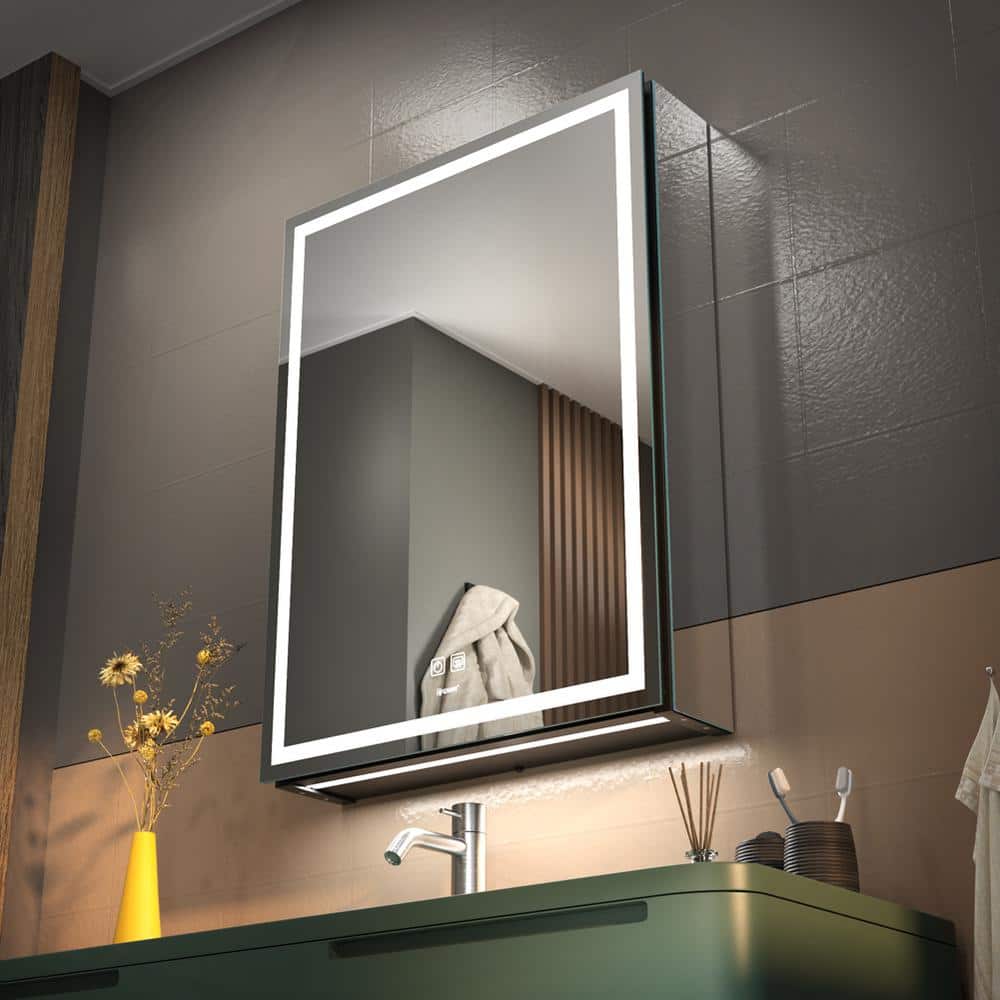 20 in. W x 28 in. H Large Rectangular Silver Wall Mount LED Lighted Medicin