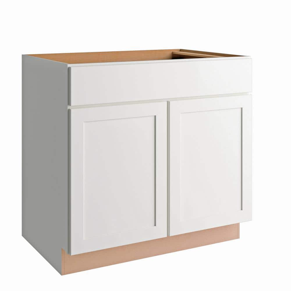 Hampton Bay Courtland Shaker Assembled 36 in. x 34.5 in. x 24 in. Stock Sink Base Kitchen Cabinet in Polar White Finish