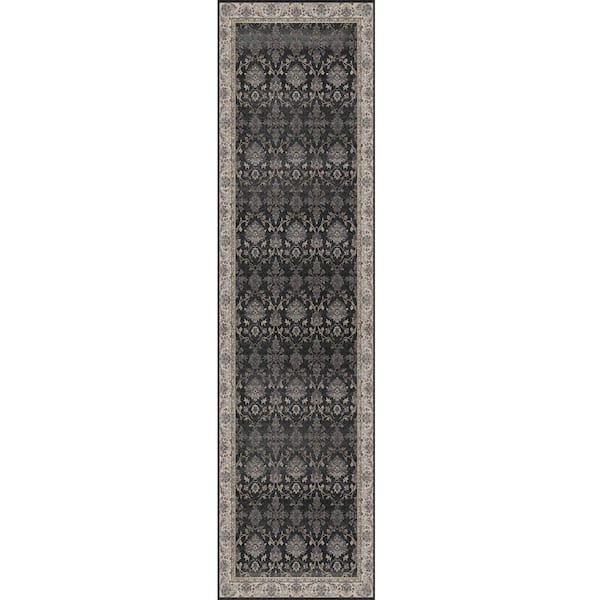 Shimmer Black 2 ft. x 8 ft. Washable Distressed Vintage Floral Runner Rug
