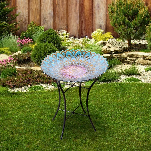 18 in. Glass Outdoor Fusion Mosaic Flower Birdbath with Stand