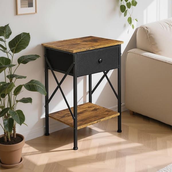 Rustic Nightstand with Drawer, Compact Bedside Table with Storage Shelf for Bedroom, Industrial End Table Brown Style 3
