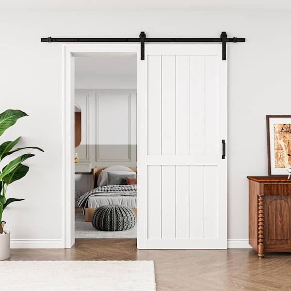 36 in. x 84 in. White Paneled H Style White Primed MDF Sliding Barn Door with Hardware Kit and Soft Close