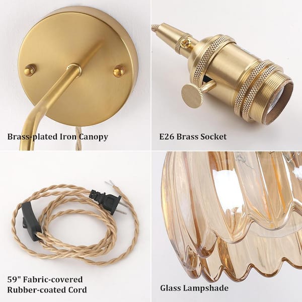 Plug-in Wall Sconce With Tulip Glass Shade – Vintage Gold Finish, 180° Adjustable Bracket, On/Off Switch, UL-Certified Plug-in Cord, Ideal For Bedroom, Living Room, Stairway