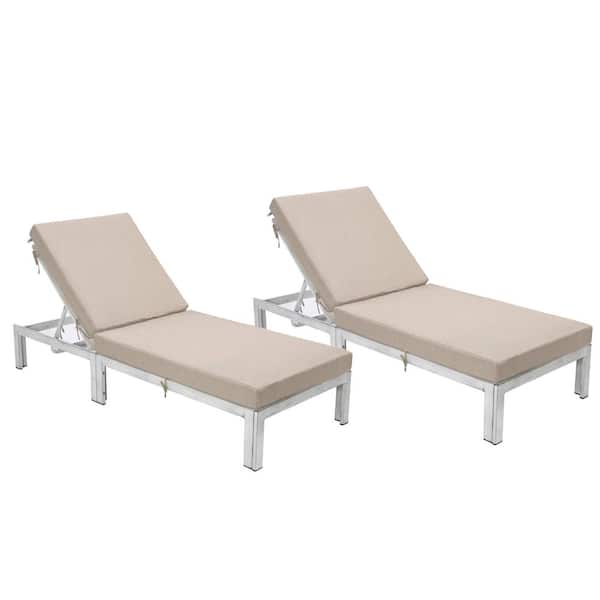 Leisuremod Chelsea Modern Weathered Grey Aluminum Outdoor Chaise Lounge Chair with Beige Cushions Set of 2