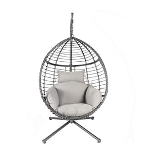 Metal Outdoor Patio Swing Egg Chair Natural Color Wicker with Grey Cushion