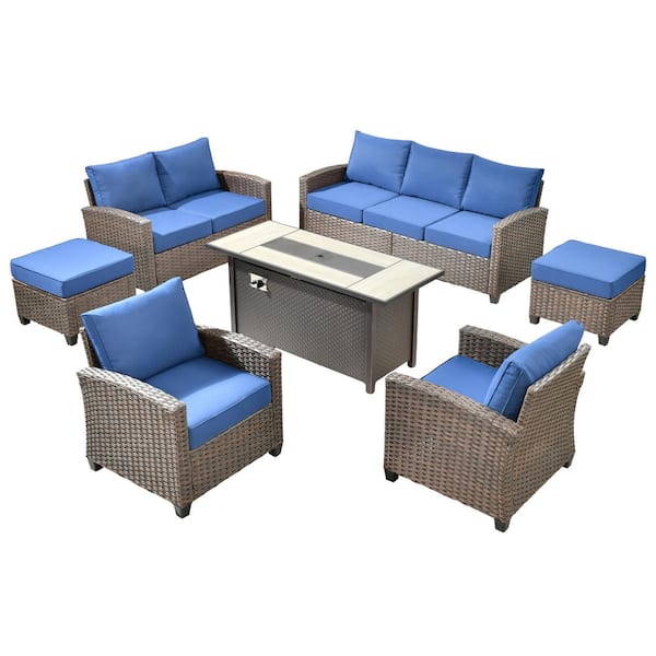 Palermo Brown 7-Piece Wicker Outdoor Modular Patio Furniture Sofa Set with Metal Fire Pit and Navy Blue Cushions