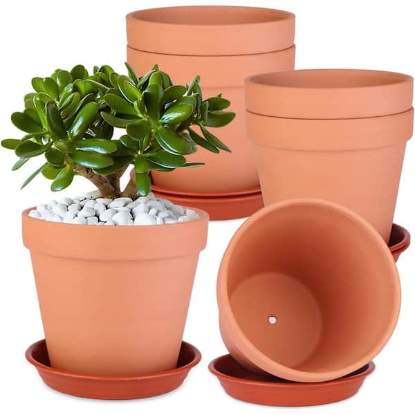 Terracotta and Clay Pots w/ Saucer for Planter (6 in. W x 5.3 in. H) Large Terra  Cotta Plant Pot w/ Drainage Hole-6 Pack Jkzzc00431 - The Home Depot