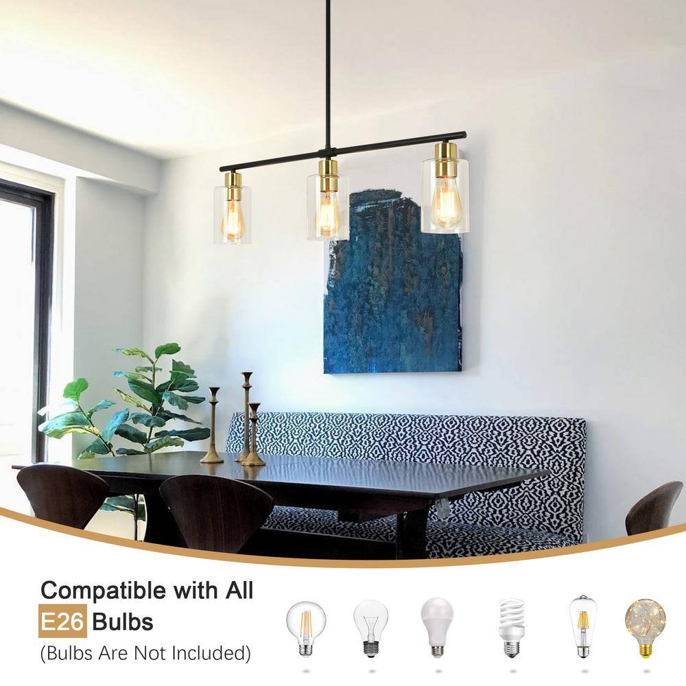 Black and Gold Linear Metal Chandelier with Clear Glass Shades