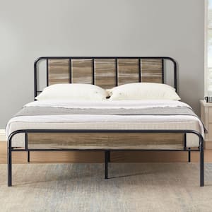 Industrial Bed Frame, Gray Metal Frame Queen Platform Bed with Wooden Headboard, No Box Spring Needed, 60.71 in. W