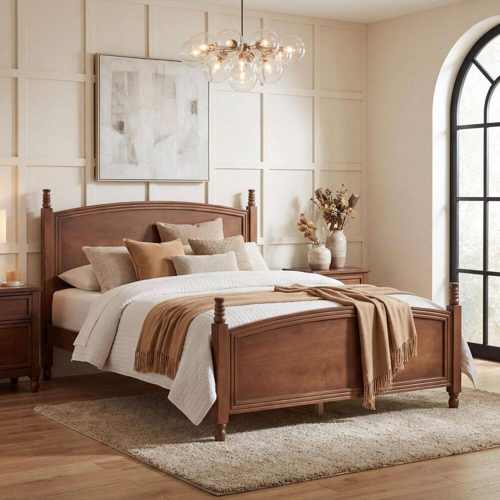 Walnut Brown Solid Wood Frame Queen Size Platform Bed with Headboard and Footboard