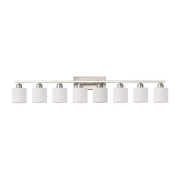 52 in. 8-Light Brushed Nickel Vanity Light Over Mirror, Wall Sconces with Milky White Frosted Glass Shades