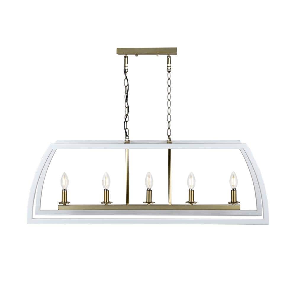 5-Light Brass and White Island Chandelier for Kitchen Island with No Bulbs 