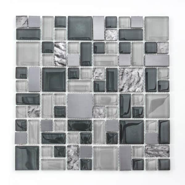 Jeffrey Court Satin Sapphire Gray 11.875 in. x 11.875 in. Square Mixed Glass and Metal Mosaic Tile (9.79 sq. ft./Case)
