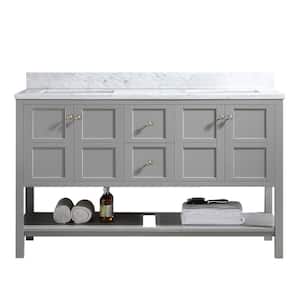 YN20 60 in. W x 22.05 in. D x 39.8 in. H Bathroom Vanity in Grey with White Marble Counter Top Double Sink