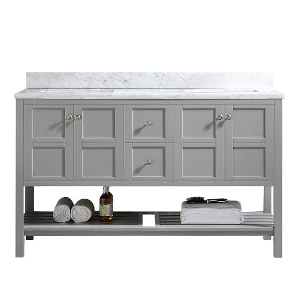 YASINU YN20 60 in. W x 22.05 in. D x 39.8 in. H Bathroom Vanity in Grey with White Marble Counter Top Double Sink
