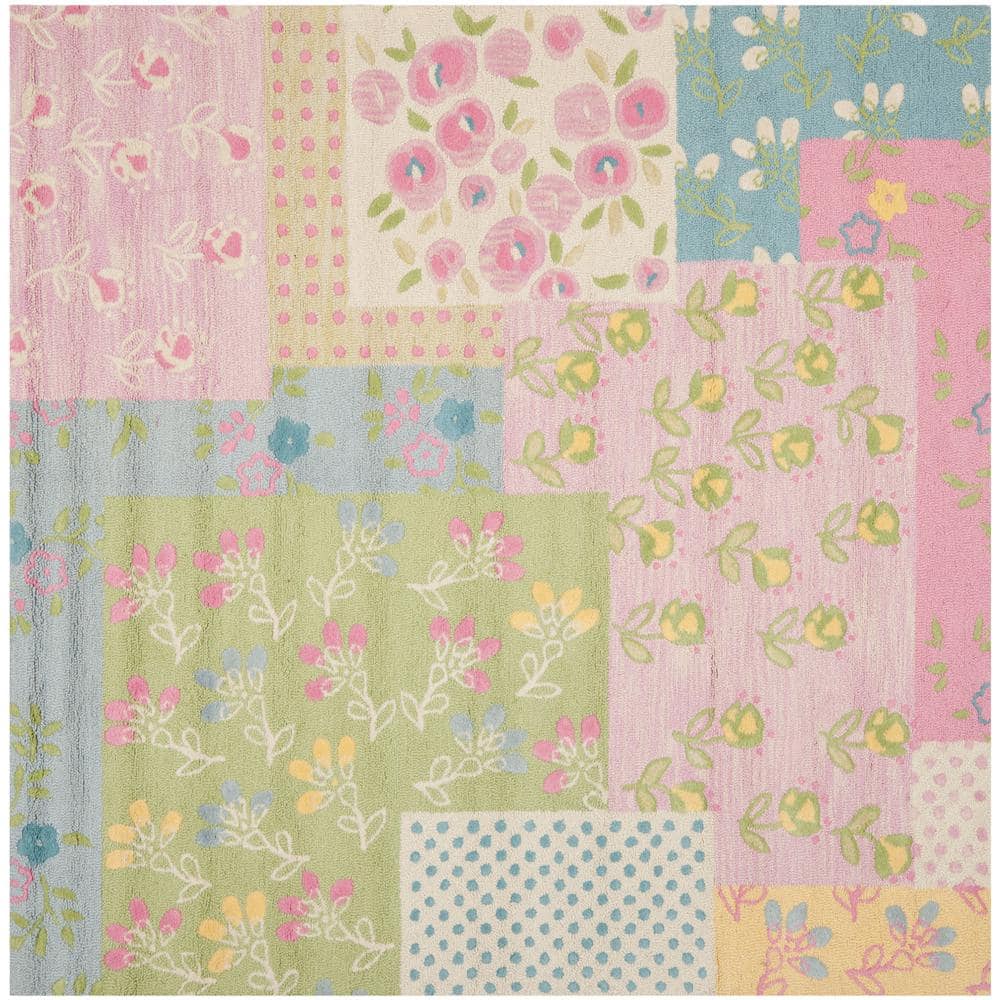 Handmade Pink and Multi Floral Wool Kids Rug, 7' x 7'
