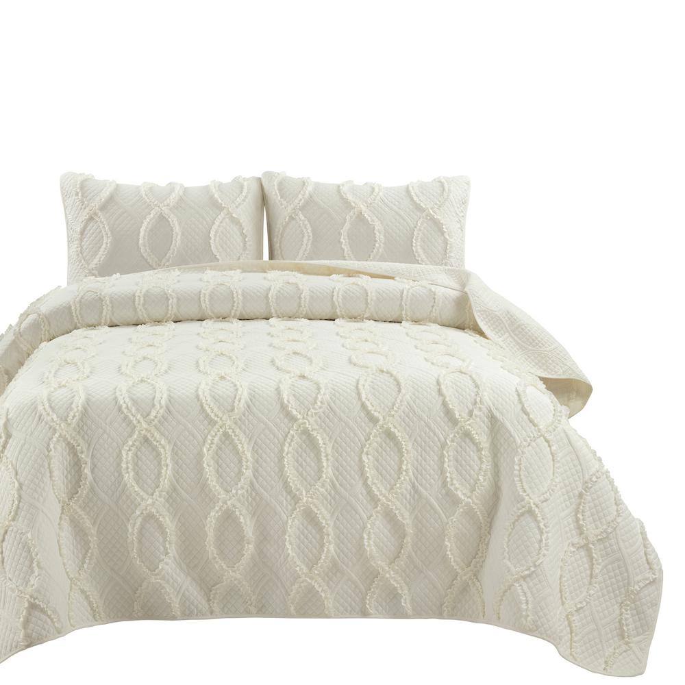 Ivory Full/Queen Microfiber Textured Quilt Set