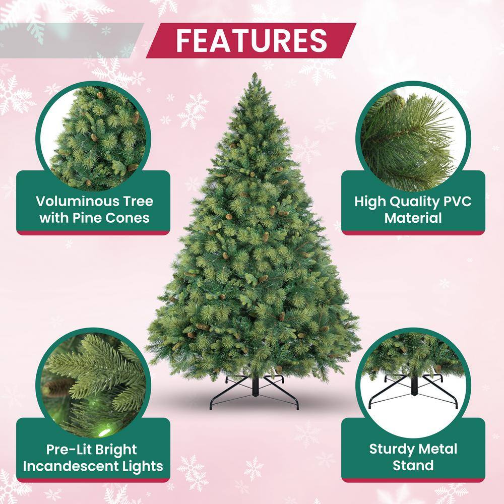 HOMESTOCK 9 ft.. Prelit Artificial Christmas Tree with Pine Cones, Foot