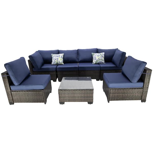 Unbranded 7-Piece Brown Wicker Outdoor Sectional, Rattan Outdoor Patio Set with Dark Blue Cushions, Pillows and Coffe Table