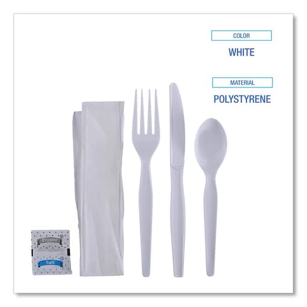 Six-Piece Cutlery Kit, Condiment/Fork/Knife/Napkin/Spoon, Heavyweight, White, 250/Carton