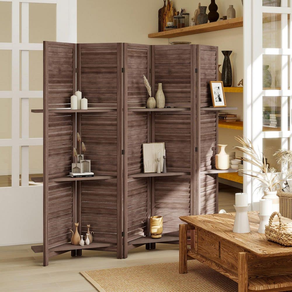 67 in. Walnut Wood Privacy Screen, 5 Panel Room Divider with 3 Shelves and Storage for Bedroom or Office