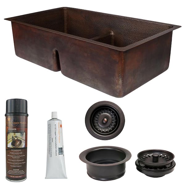 Premier Copper Products Dual Mount Copper 33 in. 0-Hole Double Bowl 50/50 Kitchen Sink with Short Divide with Drain in Oil Rubbed Bronze