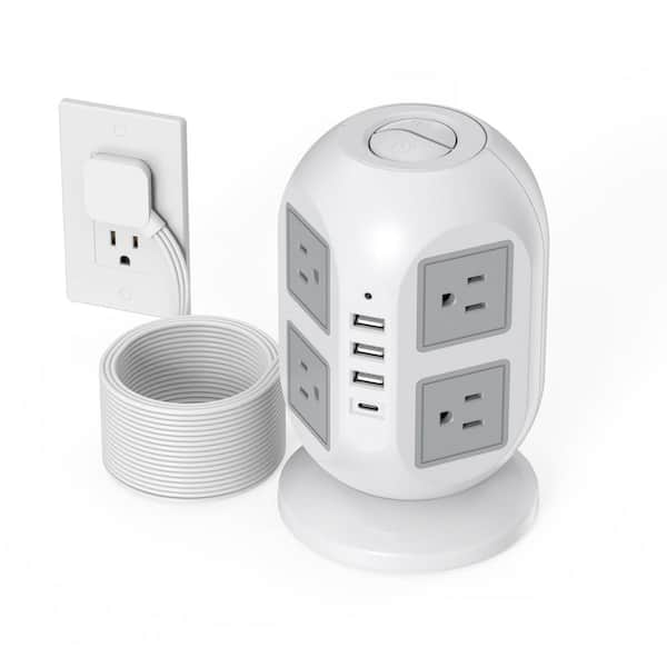 15 ft. Power Strip Tower 8-Outlet AC 1800 Joule Surge Protector Long Flat Extension Cord with and 4 USB Ports (1 USB C)