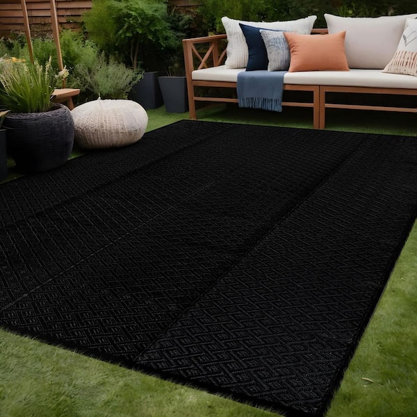 Black 8 ft. x 10 ft. Jewel Diamond Geometric Washable Trellis Reversible Indoor Outdoor Area Rug
