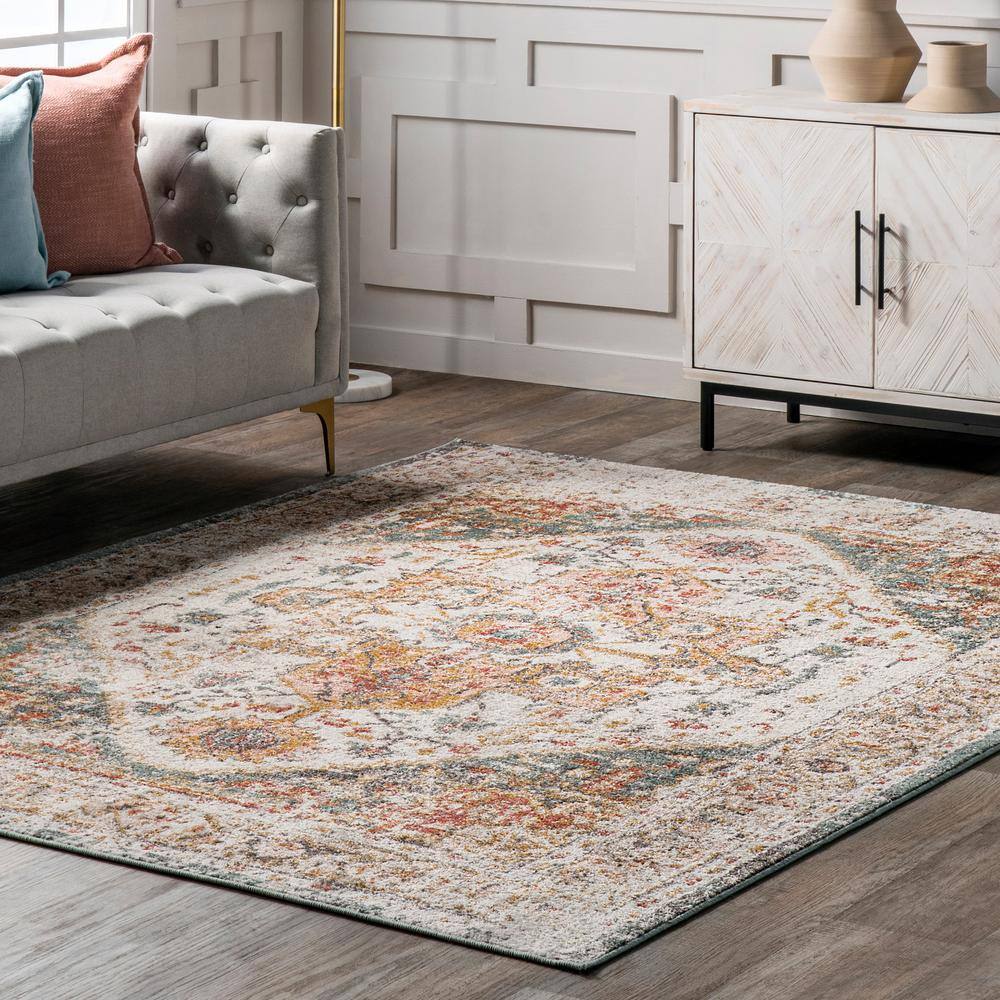 Justine Beige Rectangular Medallion Synthetic Area Rug